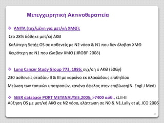 20
 ANITA (τυχ/μένη για μετ/κή ΧΜΘ):
Στο 28% δόθηκε μετ/κή ΑΚΘ
Καλύτερη 5ετής OS σε ασθενείς με Ν2 νόσο & N1 που δεν έλαβαν ΧΜΘ
Χειρότερη σε N1 που έλαβαν ΧΜΘ (IJROBP 2008)
 Lung Cancer Study Group 773, 1986: εγχ/ση ± ΑΚΘ (50Gy)
230 ασθενείς σταδίου ΙΙ & ΙΙΙ με καρκίνο εκ πλακώδους επιθηλίου
Mείωση των τοπικών υποτροπών, κανένα όφελος στην επιβίωση(N. Engl J Med)
 SEER database PORT METANALYSIS,2005: >7400 ασθ., st.II-III
Αύξηση OS με μετ/κή ΑΚΘ σε Ν2 νόσο, ελάττωση σε Ν0 & Ν1.Lally et al, JCO 2006
Μετεγχειρητική Ακτινοθεραπεία
 