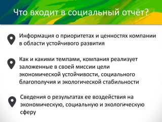 Что входит в социальный отчёт?
Информация о приоритетах и ценностях компании
в области устойчивого развития
Как и какими темпами, компания реализует
заложенные в своей миссии цели
экономической устойчивости, социального
благополучия и экологической стабильности
Сведения о результатах ее воздействия на
экономическую, социальную и экологическую
сферу
 