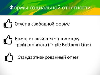 Формы социальной отчетности
Отчёт в свободной форме
Комплексный отчёт по методу
тройного итога (Triple Bottomn Line)
Стандартизированный отчёт
 