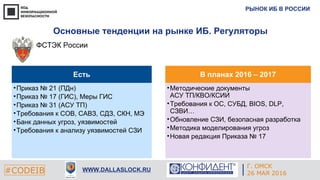 РЫНОК ИБ В РОССИИ
#CODEIB WWW.DALLASLOCK.RU
Основные тенденции на рынке ИБ. Регуляторы
ФСТЭК России
Есть
•Приказ № 21 (ПДн)
•Приказ № 17 (ГИС), Меры ГИС
•Приказ № 31 (АСУ ТП)
•Требования к СОВ, САВЗ, СДЗ, СКН, МЭ
•Банк данных угроз, уязвимостей
•Требования к анализу уязвимостей СЗИ
В планах 2016 – 2017
•Методические документы
АСУ ТП/КВО/КСИИ
•Требования к ОС, СУБД, BIOS, DLP,
СЗВИ…
•Обновление СЗИ, безопасная разработка
•Методика моделирования угроз
•Новая редакция Приказа № 17
Г. ОМСК
26 МАЯ 2016
 