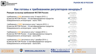 РЫНОК ИБ В РОССИИ
#CODEIB WWW.DALLASLOCK.RU
Как готовы к требованиям регуляторов вендоры?
Реакция на выход требований ФСТЭК России:
•требования к СОВ (вступили в силу 15 марта 2012 г.).
В реестре ФСТЭК России – 14 сертифицированных продуктов.
Осведомленность интеграторов – около 100%
•требования к САВЗ (вступили в силу 1 августа 2012 г.).
В реестре ФСТЭК России – 14 сертифицированных продуктов.
Осведомленность интеграторов – около 100%
•требования к СДЗ (вступили в силу 1 января 2014 г.).
В реестре ФСТЭК России – 2 сертифицированных продукта.
Осведомленность интеграторов – около 85%
•требования к СКН (вступили в силу 1 декабря 2014 г.).
В реестре ФСТЭК России –2 сертифицированных продукта.
Осведомленность интеграторов – около 60%
Г. ОМСК
26 МАЯ 2016
 