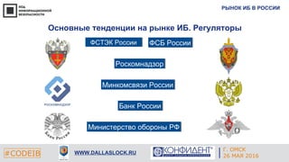 РЫНОК ИБ В РОССИИ
#CODEIB WWW.DALLASLOCK.RU
Основные тенденции на рынке ИБ. Регуляторы
ФСТЭК РоссииФСТЭК России ФСБ РоссииФСБ России
РоскомнадзорРоскомнадзор
Минкомсвязи РоссииМинкомсвязи России
Банк РоссииБанк России
Министерство обороны РФМинистерство обороны РФ
Г. ОМСК
26 МАЯ 2016
 