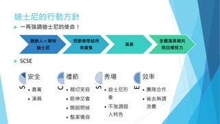 迪士尼的行動方針
 一再強調迪士尼的使命！
S
安全
• 貴賓
• 演員
C
禮節
• 親切笑容
• 眼神交會
• 開朗問候
• 整潔儀容
S
秀場
• 迪士尼形
象
• 不強調個
人特色
E
效率
• 團隊合作
• 省去無謂
浪費
 SCSE
創辦人＝華特
迪士尼
把歡樂帶給所
有貴賓
演員
全題演員朝共
同目標努力
 