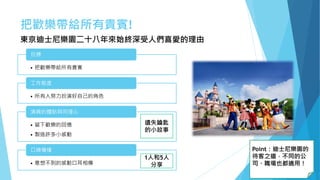 把歡樂帶給所有貴賓!
東京迪士尼樂園二十八年來始終深受人們喜愛的理由
• 把歡樂帶給所有貴賓
目標
• 所有人努力扮演好自己的角色
工作態度
• 留下歡樂的回憶
• 製造許多小感動
演員的體貼與同理心
• 意想不到的感動口耳相傳
口碑傳播
遺失鑰匙
的小故事
1人和5人
分享
Point：迪士尼樂園的
待客之道，不同的公
司、職場也都適用！
 