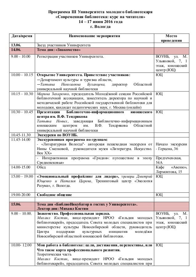 Программа III Университета молодого библиотекаря
«Современная библиотека: курс на читателя»
14 – 17 июня 2016 года
г. Воло...