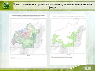 Пример наложения границ населенных пунктов на земли лесного
фонда
8
 