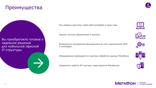 по-настоящему
Бизнес
Все сервисы доступны через веб-интерфейс в один клик
Единая система уведомлений о звонках
Возможность расширения функционала за счет подключения CRM
и календаря
Оборудование размещается в Центрах обработки данных МегаФона
Надежность работы ИТ-системы гарантируется МегаФоном
Вы приобретаете готовое и
надежное решение
для мобильной офисной
IT-структуры
Преимущества
21
 