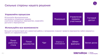 по-настоящему
Бизнес
Используйте функциональные
инструменты управления правами
участников проводимых мероприятий, управляйте
доступом к мероприятиям
Управляйте процессом
Большой инструментарий для совместной работы с материалами позволит провести мероприятие любого формата и
сделать их содержательными
Используйте все возможности
Модерация
Гостевой
доступ
Управление
правами
участников
Обмен
файлами
Показ
документов
Показ
рабочего
стола
Белая доскаЧат
Опросы и
голосования
Сильные стороны нашего решения
32
 