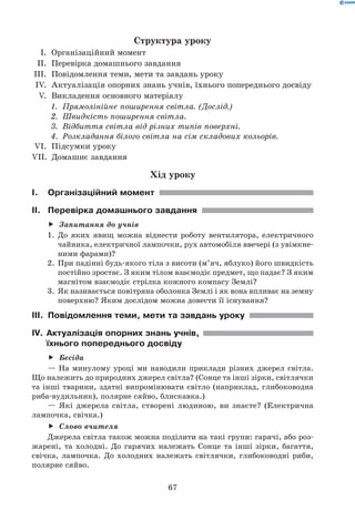 67
Структура уроку
	 I.	 Організаційний момент
	 II.	 Перевірка домашнього завдання
	III.	 Повідомлення теми, мети та завдань уроку
	 IV.	 Актуалізація опорних знань учнів, їхнього попереднього досвіду
	 V.	 Викладення основного матеріалу
1.	 Прямолінійне поширення світла. (Дослід.)
2.	 Швидкість поширення світла.
3.	 Відбиття світла від різних типів поверхні.
4.	 Розкладання білого світла на сім складових кольорів.
	VI.	 Підсумки уроку
	VII.	 Домашнє завдання
Хід уроку
I.	Організаційний момент
II.	 Перевірка домашнього завдання
Запитання до учнівff
1.	 До яких явищ можна віднести роботу вентилятора, електричного
чайника, електричної лампочки, рух автомобіля ввечері (з увімкне-
ними фарами)?
2.	 При падінні будь-якого тіла з висоти (м’яч, яблуко) його швидкість
постійно зростає. З яким тілом взаємодіє предмет, що падає? З яким
магнітом взаємодіє стрілка кожного компасу Землі?
3.	 Як називається повітряна оболонка Землі і як вона впливає на земну
поверхню? Яким дослідом можна довести її існування?
III.	 Повідомлення теми, мети та завдань уроку
IV.	Актуалізація опорних знань учнів,
їхнього попереднього досвіду
Бесідаff
— На минулому уроці ми наводили приклади різних джерел світла.
Що належить до природних джерел світла? (Сонце та інші зірки, світлячки
та інші тварини, здатні випромінювати світло (наприклад, глибоководна
риба-вудильник), полярне сяйво, блискавка.)
— Які джерела світла, створені людиною, ви знаєте? (Електрична
лампочка, свічка.)
Слово вчителяff
Джерела світла також можна поділити на такі групи: гарячі, або роз-
жарені, та холодні. До гарячих належать Сонце та інші зірки, багаття,
свічка, лампочка. До холодних належать світлячки, глибоководні риби,
полярне сяйво.
 