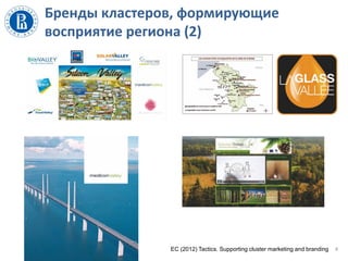 Бренды кластеров, формирующие
восприятие региона (2)
4EC (2012) Tactics. Supporting cluster marketing and branding
 
