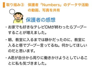 取り組み③　保護者「Numbers」のデータや活動　
　　　　　　の動画、写真を共有
・お家でも好きなテレビCMが終わったらブーブー  
 することが増えました。
・朝、教室に入るまでは静かだったのに、教室に
 入ると唇でブーブー言ってるね。何かしてほしい
 のだと思います。
・A君が自分から周りに働きかけようとしているこ
 とに私も気づきました。
保護者の感想
 