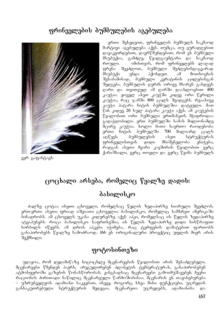 157
frinvelebis bumbulebis agebuleba
erTi SexedviT, frinvelis bumbuls sakmaod
martivi agebuleba aqvs. Tumca, Tu yuradRebiT
davakvirdebiT, davrwmundebiT, rom es bumbuli
msubuqia, gamZle, wyalgaumtari da sakmaod
rTuli. imisTvis, rom frinvelebs laRad
frena SeeZloT, bumbuli SeZlebisdagvarad
msubuqi unda hqondeT. am moTxovnis
Sesabamisad, bumbuli keratinis cilebisgan
Sedgeba. bumbulis RerZs orive mxares gasdevs
Rari da TviTeul am RarSi daaxloebiT 400
kauWia. yovel aseT kauWSi kidev ori wvrili
kauWia, rac jamSi 800 cals Seadgens. rvaasive
kauWi patara Citis bumbulSia dateuli. maT
win kidev 20 sul patara kauWi aqvs. am kauWebis
wyalobiT ori bumbuli erTmaneTs mWidrodaa
gadaWdobili. erT bumbulSi samas milionamde
mcire kauWia. xolo maTi saerTo raodenoba
erTi Citis bumbulSi 700 miliard cals
aRwevs. bumbulebis aseT struqturas
frinvelisTvis didi mniSvneloba eniWeba,
radgan aseTi myari kavSiris wyalobiT verc
qariSxali, verc Tovli da verc wvima bumbuls
ver gafantavs.
cocxali arseba, romelic wyalze dadis:
basilisko
Zalze cotaa iseTi cxoveli, romelsac wylis zedapirze siaruli SeeZlos.
erT-erTi aseTi friad iSviaTi cxovelia basilisko, romelic samxreT amerikaSi
binadrobs. am cxovels ukana kidurebze aqvs apki, romelsac is wylis zedapirze
atyapunebs. roca basilisko safrTxeSia, is wylis zedapirze didi siswrafiT
sirbils iwyebs. am dros apkebi iWimeba, rac terfebis damatebiT farTobs
ganapirobebs wyalze samoZraod. 166 es originaluri proeqtic uflis mier aris
Seqmnili.
fotosinTezi
udavoa, rom dedamiwaze sicocxle mcenareebis wyalobiT aris SesaZlebeli.
mcenareebi wmenden haers, aregulireben planetis temperaturas, ganapirobeben
atmosferoSi gazebis wonasworobas. Jangbadsac mcenareebi gamoimuSaveben. Cveni
racionis ZiriTadi nawilic mcenareuli warmoSobisaa. mcenaris es Tavisebureba
– uzrunvelyos adamiani sakvebiT, iseve, rogorc sxva misi funqciebi, ujredis
gansakuTrebuli struqturis Sedegia. mcenareTa ujredebs, adamianisa da
 