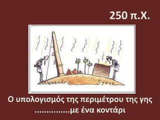 250 π.Χ.
Ο υπολογισμός της περιμέτρου της γης
...............με ένα κοντάρι
 