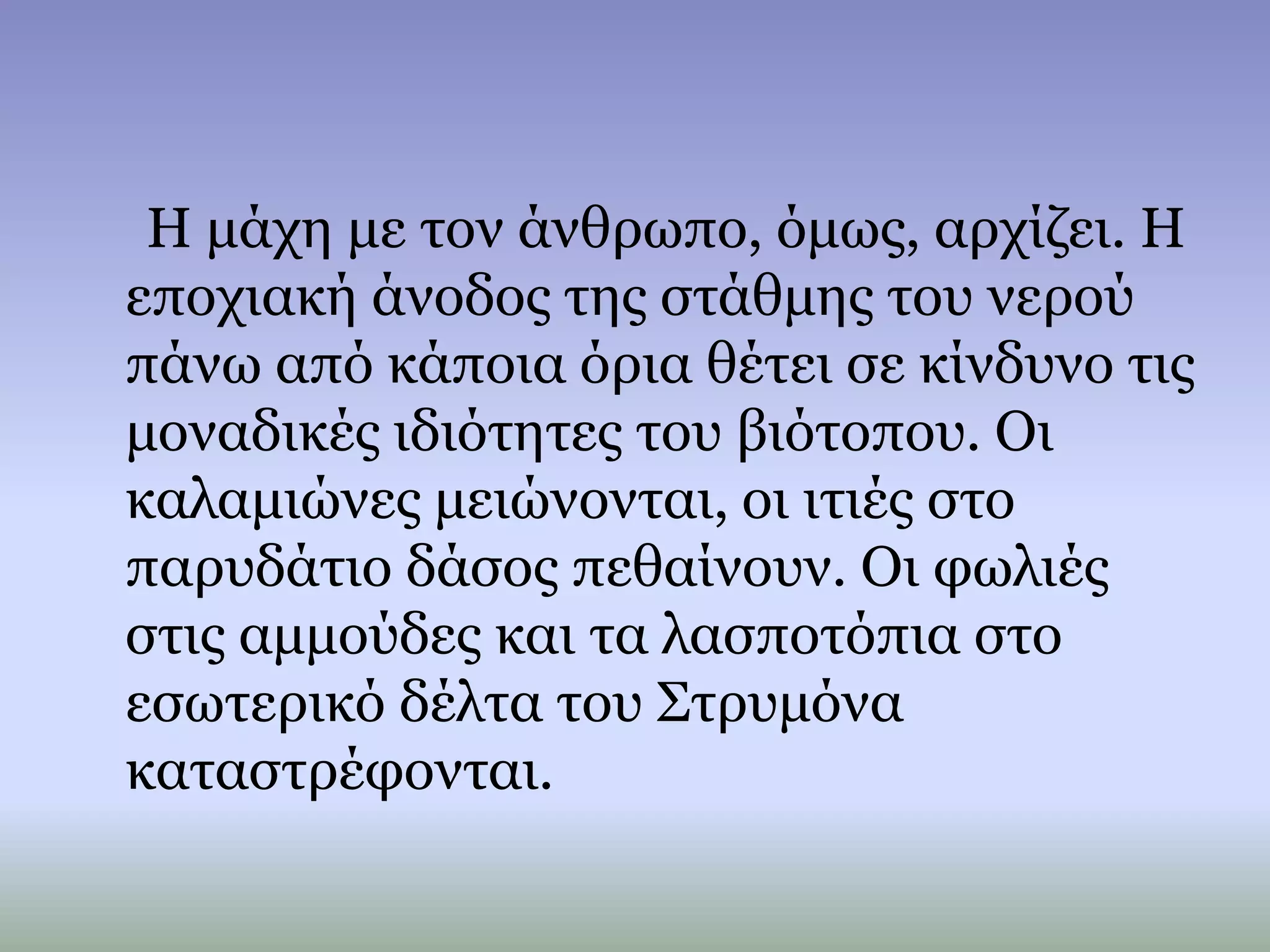 Η μάχη με τον άνθρωπο, όμως, αρχίζει. Η
εποχιακή άνοδος της στάθμης του νερού
πάνω από κάποια όρια θέτει σε κίνδυνο τις
μοναδικές ιδιότητες του βιότοπου. Οι
καλαμιώνες μειώνονται, οι ιτιές στο
παρυδάτιο δάσος πεθαίνουν. Οι φωλιές
στις αμμούδες και τα λασποτόπια στο
εσωτερικό δέλτα του Στρυμόνα
καταστρέφονται.
 