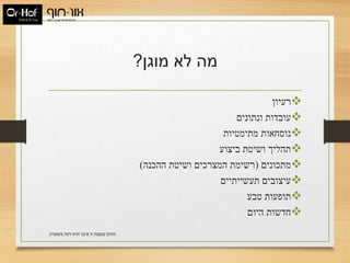 ‫מוגן‬ ‫לא‬ ‫מה‬?
‫רעיון‬
‫ונתונים‬ ‫עובדות‬
‫מתימטיות‬ ‫נוסחאות‬
‫ביצוע‬ ‫ושיטת‬ ‫תהליך‬
‫מתכונים‬(‫ההכנה‬ ‫ושיטת‬ ‫המצרכים‬ ‫רשימת‬)
‫תעשייתיים‬ ‫עיצובים‬
‫טבע‬ ‫תופעות‬
‫היום‬ ‫חדשות‬
‫משפטית‬ ‫דעת‬ ‫חוות‬ ‫איננו‬ ‫זו‬ ‫במצגת‬ ‫התוכן‬.
 