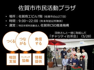 佐賀市市民活動プラザ
• 場所：佐賀商工ビル7階（佐賀市白山2丁目）
• 時間：9:00～22:00（年末年始以外無休）
• 運営：特定非営利活動法人 佐賀県CSO推進機構
つくる
つな
がる
発信
する
相談
支援
情報
提供
マッチング
協働
団体さんと一緒に取組んだ
「チャリティお茶会」（5/28）
 
