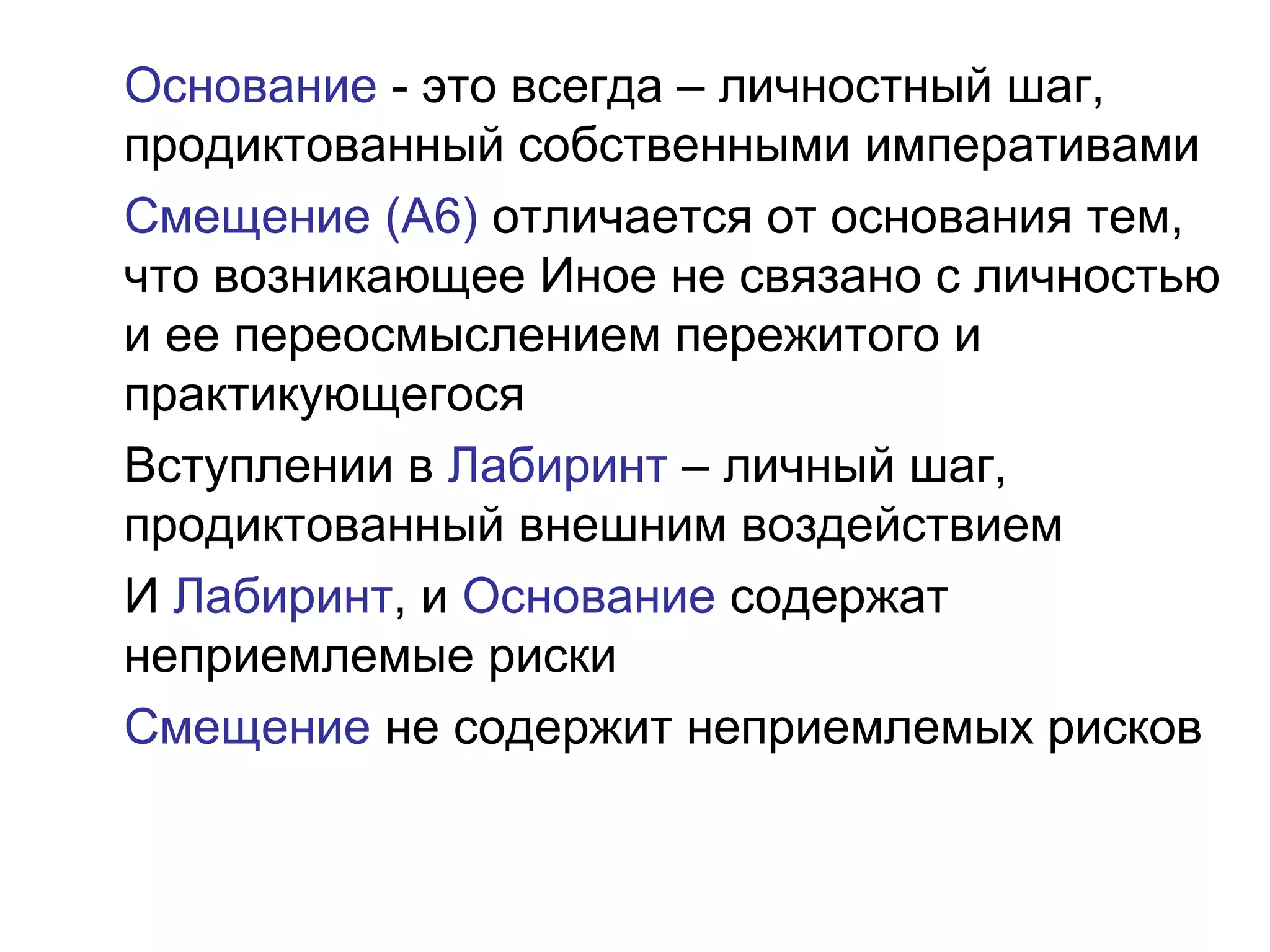 Основание - это всегда – личностный шаг,
продиктованный собственными императивами
Смещение (А6) отличается от основания тем,
что возникающее Иное не связано с личностью
и ее переосмыслением пережитого и
практикующегося
Вступлении в Лабиринт – личный шаг,
продиктованный внешним воздействием
И Лабиринт, и Основание содержат
неприемлемые риски
Смещение не содержит неприемлемых рисков
 
