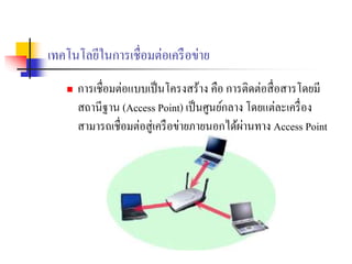 เทคโนโลยีในการเชื่อมต่อเครือข่าย
 การเชื่อมต่อแบบเป็นโครงสร้าง คือ การติดต่อสื่อสารโดยมี
สถานีฐาน (Access Point) เป็นศูนย์กลาง โดยแต่ละเครื่อง
สามารถเชื่อมต่อสู่เครือข่ายภายนอกได้ผ่านทาง Access Point
 