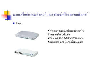 ระบบเครือข่ายคอมพิวเตอร์ และอุปกรณ์เครือข่ายคอมพิวเตอร์
 Hub
• ใช้ในการเชื่อมต่อกับเครื่องคอมพิวเตอร์ให้
เป็นระบบเครือข่ายเดียวกัน
• Bandwidth 10/100/1000 Mbps
• แต่ละพอร์ตใช้งานร่วมกัน(เชื่อมกันหมด)
 