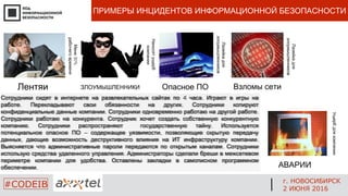 #CODEIB г. НОВОСИБИРСК
2 ИЮНЯ 2016
, IPAD - .МНЕНИЕ ЧТО НЕ БОЛЕЕ ЧЕМ ИГРУШКА
. IPADЭТО В КОРНЕ НЕВЕРНО У ЕСТЬ РЯД БЕССПОРНЫХ
, .ЩЕСТВ ПОЛНОСТЬЮ ОПРАВДЫВАЮЩИХ ЕГО СТОИМОСТЬ
ПРИМЕРЫ ИНЦИДЕНТОВ ИНФОРМАЦИОННОЙ БЕЗОПАСНОСТИ
Лентяи
30%Мене
рабочеговремени
ЗЛОУМЫШЛЕННИКИ Опасное ПО
Наносятущерб
компании
Лазейкадля
злоумышленников
АВАРИИ
Ущербдлякомпании
4 .Сотрудники сидят в интернете на развлекательных сайтах по часа Играют в игры на
. .работе Перекладывают свои обязанности на других Сотрудники копируют
. .конфиденциальные данные компании Сотрудники одновременно работаю на другой работе
.Сотрудники работаю на конкурента Сотрудник хочет создать собственную конкурентную
. .компанию Сотрудники распространяют государственную тайну Используется
– ,потенциальное опасное ПО содержащее уязвимости позволяющие скрытую передачу
, .данных дающие возможность деструктивного влияния на ИТ инфраструктуру компании
.Выясняется что административные пароли передаются по открытым каналам Сотрудники
.использую средства удаленного управления Администраторы сделали бреши в межсетевом
.периметре компании для удобства Оставлены закладки в самописном программном
.обеспечении
4 .Сотрудники сидят в интернете на развлекательных сайтах по часа Играют в игры на
. .работе Перекладывают свои обязанности на других Сотрудники копируют
. .конфиденциальные данные компании Сотрудники одновременно работаю на другой работе
.Сотрудники работаю на конкурента Сотрудник хочет создать собственную конкурентную
. .компанию Сотрудники распространяют государственную тайну Используется
– ,потенциальное опасное ПО содержащее уязвимости позволяющие скрытую передачу
, .данных дающие возможность деструктивного влияния на ИТ инфраструктуру компании
.Выясняется что административные пароли передаются по открытым каналам Сотрудники
.использую средства удаленного управления Администраторы сделали бреши в межсетевом
.периметре компании для удобства Оставлены закладки в самописном программном
.обеспечении
Взломы сети
Лазейкадля
злоумышленников
 