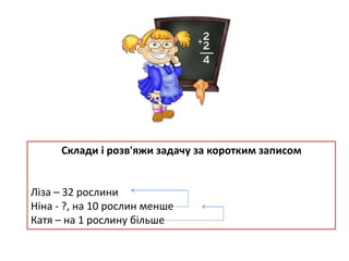 Склади і розв'яжи задачу за коротким записом
Ліза – 32 рослини
Ніна - ?, на 10 рослин менше
Катя – на 1 рослину більше
 