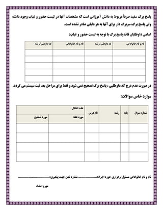 ‫ﭘﺎﺳﺦ‬‫داﺷﺘﻪ‬ ‫وﺟﻮد‬ ‫ﻏﯿﺎب‬ ‫و‬ ‫ﺣﻀﻮر‬ ‫ﻟﯿﺴﺖ‬ ‫در‬ ‫آﻧﻬﺎ‬ ‫ﻣﺸﺨﺼﺎت‬ ‫ﮐﻪ‬ ‫اﺳﺖ‬ ‫آﻣﻮزاﻧﯽ‬ ‫داﻧﺶ‬ ‫ﺑﻪ‬ ‫ﻣﺮﺑﻮط‬ ً‫ﺎ‬‫ﺻﺮﻓ‬ ‫ﺳﻔﯿﺪ‬ ‫ﺑﺮگ‬
‫وﻟﯽ‬.‫اﺳﺖ‬ ‫ﻧﺸﺪه‬ ‫ﺻﺎدر‬ ‫دﻟﯿﻠﯽ‬ ‫ﻫﺮ‬ ‫ﺑﻪ‬ ‫آﻧﻬﺎ‬ ‫ﺑﺮاي‬ ‫دار‬ ‫ﺑﺮگ،ﺳﺮﺑﺮگ‬ ‫ﭘﺎﺳﺦ‬
:‫ﻏﯿﺎب‬ ‫و‬ ‫ﺣﻀﻮر‬ ‫ﻟﯿﺴﺖ‬ ‫ﺑﻪ‬ ‫ﺗﻮﺟﻪ‬ ‫ﺑﺎ‬ ‫ﺑﺮگ‬ ‫ﭘﺎﺳﺦ‬ ‫ﻓﺎﻗﺪ‬ ‫داوﻃﻠﺒﺎن‬ ‫اﺳﺎﻣﯽ‬
‫ﺧﺎﻧﻮادﮔﯽ‬ ‫ﻧﺎم‬ ‫و‬ ‫ﻧﺎم‬‫داوﻃﺒﯽ/رﺷﺘﻪ‬ ‫ﮐﺪ‬‫ﻧﺎم‬ ‫و‬ ‫ﻧﺎم‬‫ﺧﺎﻧﻮادﮔﯽ‬‫داوﻃﺒﯽ/رﺷﺘﻪ‬ ‫ﮐﺪ‬
‫داوﻃﻠ‬ ‫ﮐﺪ‬ ‫درج‬ ‫ﻋﺪم‬ ‫ﺻﻮرت‬ ‫در‬، ‫ﺒﯽ‬‫ﺷﻮد‬ ‫ﻧﻤﯽ‬ ‫ﺗﺼﺤﯿﺢ‬ ‫ﺑﺮگ‬ ‫ﭘﺎﺳﺦ‬‫و‬‫ﻓﻘﻂ‬.‫ﮔﺮدد‬ ‫ﻣﯽ‬ ‫ﺳﯿﺴﺘﻢ‬ ‫ﺛﺒﺖ‬ ‫ﺑﻌﺪ‬ ‫ﻣﺮاﺣﻞ‬ ‫ﺑﺮاي‬
:‫ﺳﻮاﻻت‬ ‫ﺧﺎص‬ ‫ﻣﻮارد‬
‫ﻧﺎم‬:‫اﺟﺮاء‬ ‫ﺣﻮزه‬ ‫ﺑﺮﮔﺰاري‬ ‫ﻣﺴﺌﻮل‬ ‫ﺧﺎﻧﻮادﮔﯽ‬ ‫ﻧﺎم‬ ‫و‬...................‫ﺟﻬﺖ‬ ‫ﺗﻠﻔﻦ‬ ‫ﺷﻤﺎره‬:‫ﭘﯿﮕﯿﺮي‬................................
‫اﻣﻀﺎء‬ ‫ﻣﻬﺮو‬
‫ﺳﻮال‬ ‫ﺷﻤﺎره‬‫ﭘﺎﯾﻪ‬‫رﺷﺘﻪ‬‫درس‬ ‫ﻧﺎم‬
‫اﺷﮑﺎل‬ ‫ﻋﻠﺖ‬
‫ﻏﻠﻂ‬ ‫ﻣﻮرد‬‫ﺻﺤﯿﺢ‬ ‫ﻣﻮرد‬
 