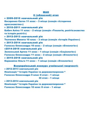 МАН
ІІ (обласний) етап
♦ 2009-2010 навчальний рік
Косаренко Євген 11 клас – 3 місце (секція «Історичне
краєзнавство»)
♦ 2010-2011 навчальний рік
Бабич Аліна 11 клас – 2 місце (секція «Теологія, релігієзнавство
та історія релігії»)
♦ 2012-2013 навчальний рік
Ткаченко Микита 10 клас – 3 місце (секція «Історія України»)
♦ 2013-2014 навчальний рік
Голосна Олександра 10 клас – 2 місце (секція «Етнологія»)
♦2014-2015 навчальний рік
Зеленський Артем 11 клас – 1 місце (секція «Соціологія»)
Голосна Олександра 11 клас – 2 місце (секція «Етнологія»)
♦ 2015-2016 навчальний рік
Коржавіна Ольга 11 клас – 1 місце (секція «Етнологія»)
Всеукраїнський конкурс учнівської творчості:
♦ 2012-2013 навчальний рік
Номінація “ Історія України та державотворення “
Голосна Олександра 9 клас ІІ етап – 1 місце
ІІІ етап – 1 місце
♦ 2013-2014 навчальний рік
Номінація “ Історія України та державотворення “
Голосна Олександра 10 клас ІІ етап – 1 місце
 