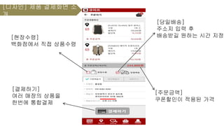 [디자인] 제품 결제화면 소
개
[현장수령]
백화점에서 직접 상품수령
[주문금액]
쿠폰할인이 적용된 가격
[당일배송]
주소지 입력 후
배송받길 원하는 시간 지정
[결제하기]
여러 매장의 상품을
한번에 통합결제
 