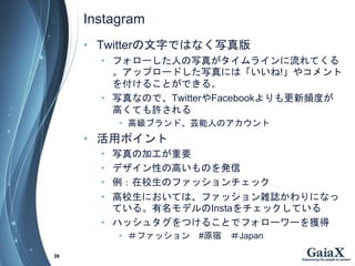 Instagram
? Twitter֤ǤϤʤд
? ե`ˤд椬饤Ƥ
åץ`ɤдˤϡ!䥳
򸶤뤳ȤǤ롣
? дʤΤǡTwitterFacebooklȤ
ߤƤS
? ߼֥ɡܿˤΥ
? åݥ
? дμӹҪ
? ǥԤθߤΤk
? УΥեåå
? УˤƤϡեåjIˤʤ
Ƥ롣ǥInstaåƤ
? ϥå奿Ĥ뤳Ȥǥե``@
? եå #ԭ Japan
39
 