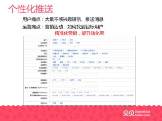 个性化推送
运营痛点：营销活动，如何找到目标用户
用户痛点：大量不感兴趣短信、推送消息
精准化营销，提升转化率
 
