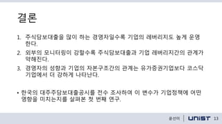 결론
1. 주식담보대출을 많이 하는 경영자일수록 기업의 레버리지도 높게 운영
한다.
2. 외부의 모니터링이 강할수록 주식담보대출과 기업 레버리지간의 관계가
약해진다.
3. 경영자의 성향과 기업의 자본구조간의 관계는 유가증권기업보다 코스닥
기업에서 더 강하게 나타난다.
• 한국의 대주주담보대출공시를 전수 조사하여 이 변수가 기업정책에 어떤
영향을 미치는지를 살펴본 첫 번째 연구.
13윤선미
 