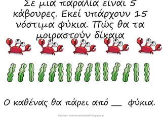 Σε μια παραλία είναι 5
κάβουρες. Εκεί υπάρχουν 15
νόστιμα φύκια. Πώς θα τα
μοιραστούν δίκαια
Χατσίκου Ιωάννα taksiasterati.blogspot.gr
Ο καθένας θα πάρει από ___ φύκια.
 
