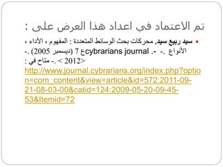 ‫العرض‬ ‫هذا‬ ‫اعداد‬ ‫في‬ ‫االعتماد‬ ‫تم‬‫على‬:
‫ربيع‬ ‫سيد‬‫سيد‬.‫الوسائط‬ ‫بحث‬ ‫محركات‬‫المتعددة‬:‫المفهوم‬،‫األد‬‫اء‬،
‫األنواع‬.-cybrarians journal .-‫ع‬7(‫ديسمبر‬2005. )-
<2012>.-‫متاح‬‫في‬:
http://www.journal.cybrarians.org/index.php?optio
n=com_content&view=article&id=572:2011-09-
21-08-03-00&catid=124:2009-05-20-09-45-
53&Itemid=72
 