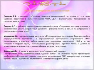 Гришина Е.А. – семинар «Создание продукта инновационной деятельности средствами
музейной педагогики в свете требований ФГОС ДО» (методические рекомендации по
созданию мини музеев)
Павлова А.Г. – районная научно-практическая конференция «Сохранение здоровья педагогов и
воспитанников ДОО в современных условиях» (приемы работы с детьми по сохранению и
укреплению здоровья детей)
Малышева Я.С. – педагогическая мастерская «Культурные практики детства. Решение проблем
социокультурного воспитания в образовательном пространстве современного ДОУ»
(использование в практике работы совместных праздников, развлечений, НОД с детьми
младших и старших групп, использование разнообразных приемов работы с детьми по
получению позитивного опыта взаимодействия в группе сверстников)
Ходырева А.В. – Участие в жюри конкурса «Здоровому всё здорово».
Выступление детей, спортивный танец «Делай с нами» на районной научно-практической
конференции «Сохранение здоровья педагогов и воспитанников ДОО в современных условиях»
(приемы работы с детьми по сохранению и укреплению здоровья детей)
Районные мероприятия для воспитателей
 