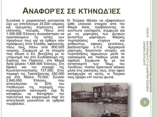 ΑΝΑΦΟΡΈΣ ΣΕ ΚΤΗΝΩΔΊΕΣ
Συνολικά η μικρασιατική εκστρατεία
είχε ως αποτέλεσμα 25.000 νεκρούς
και τραυματίες στρατιώτες από
ελληνικής πλευράς. Πάνω από
1.500.000 Έλληνες αναγκάστηκαν να
εγκαταλείψουν τις εστίες των
προγόνων τους και να έρθουν σαν
πρόσφυγες στην Ελλάδα, αφήνοντας
πίσω τους πάνω από 600.000
νεκρούς. Σύμφωνα με τα στοιχεία
που έδωσε ο Ελ. Βενιζέλος με το
υπόμνημά του στη Συνδιάσκεψη της
Ειρήνης του Παρισιού, στη Μικρά
Ασία ζούσαν 1.694.000 Έλληνες. Στη
Θράκη και την περιοχή της
Κωνσταντινούπολης 731.000. Στην
περιοχή της Τραπεζούντας 350.000
και στα Αδανα 70.000. Σύνολο
2.845.000 Έλληνες που
αποτελούσαν το 20% του
πληθυσμού της περιοχής που
κυριαρχούσε οικονομικά, είχε δε
καταφέρει να διατηρήσει την
πολιτιστική του κληρονομιά παρ' ότι
αποτελούσε μειονότητα σε εχθρικό
περιβάλλον.
Οι Τούρκοι ήθελαν να εξαφανίσουν
κάθε ελληνικό στοιχείο από την
Μικρά Ασία, προβαίνοντας σε
ανείπωτα εγκλήματα, σύμφωνα και
με τις μαρτυρίες των Δυτικών
αυτοπτών μαρτύρων: Μαζικές
πυρπολήσεις κτηρίων και
ανθρώπων, σφαγές, εκτελέσεις,
βασανιστήρια κ.π.α. Αμερικανοί
μάρτυρες διηγούνται ιστορίες για
πυρπολήσεις αρρώστων μέσα σε
νοσοκομεία και παιδιών μέσα σε
σχολεία. Σύμφωνα δε με τον
ανταποκριτή των Τάιμς του
Λονδίνου, πολλοί Χριστιανοί κάηκαν
μέσα στις εκκλησίες τους, όταν αφού
κατέφευγαν σε αυτές, οι Τούρκοι
τούς έβαζαν επί τούτου φωτιά.
7/6/2016
6
ΜΙΚΡΑΣΙΑΤΙΚΗΚΑΤΑΣΤΡΟΦΗ-ΠΑΝΑΓΙΩΤΑ
ΚΑΛΠΑΚΙΔΟΥ-ΣΤ1-2οΔΗΜΤΙΚΟΣΧΟΛΕΙΟ
ΞΑΝΘΗΣ-2015-2016
 