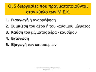 Οι 5 διεργασίες που πραγματοποιούνται
στον κύκλο των Μ.Ε.Κ.
1. Εισαγωγή ή αναρρόφηση
2. Συμπίεση του αέρα ή του καύσιμου μίγματος
3. Καύση του μίγματος αέρα - καυσίμου
4. Εκτόνωση
5. Εξαγωγή των καυσαερίων
Στιβανάκης Νικόλαος – Μηχανολόγος
Μηχανικός Τ.Ε.
13
 