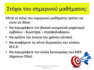 Στόχοι του σημερινού μαθήματος:
Μετά το τέλος του σημερινού μαθήματος πρέπει να
είστε σε θέση:
• Να περιγράφετε τον βασικό κινηματικό μηχανισμό
εμβόλου – διωστήρα – στροφαλοφόρου.
• Να ορίζετε την έννοια του χρόνου (stroke).
• Να αναφέρετε τις πέντε διεργασίες του κύκλου
Μ.Ε.Κ.
• Να περιγράφετε τον κύκλο λειτουργίας των ΜΕΚ
(4χρονων Otto).
5
Στιβανάκης Νικόλαος – Μηχανολόγος
Μηχανικός Τ.Ε.
 