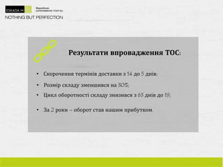 Результати впровадження ТОС:
• Скорочення термінів доставки з 14 до 5 днів;
• Розмір складу зменшився на 30%;
• Цикл оборотності складу знизився з 63 днів до 19;
• За 2 роки – оборот став нашим прибутком.
 