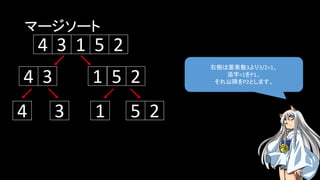 マージソート
右側は要素数3より3/2=1、
添字<1をP1、
それ以降をP2とします。
5134 2
134 5 2
1 5 24 3
 