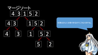 マージソート
右側はさらに分割できるのでこうなりますね。
5134 2
134 5 2
1 5 24 3
5 2
 