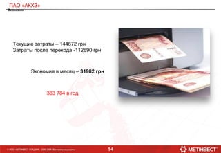14© ООО «МЕТИНВЕСТ ХОЛДИНГ» 2006-2009. Все права защищены
ПАО «АКХЗ»
Экономия
Текущие затраты – 144672 грн
Затраты после перехода -112690 грн
Экономия в месяц – 31982 грн
383 784 в год
 