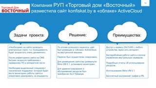 18
Компания РУП «Торговый дом «Восточный»
разместила сайт konfiskat.by в «облаке» ActiveCloud
Задачи проекта: Решение: Преимущества:
«Необходимо на сайте проводить
электронные торги, т.е. посещаемость
будет возрастать очень динамично»;
После рефакторинга сайта на CMS
Битрикс возросли требования к
серверному ПО и аппаратной части;
Необходим выделенный специалист
технической поддержки, который будет
вести мониторинг работы сайта и
оперативно реагировать на инциденты
По итогам успешного переноса, сайт
был размещен в «облаке» ActiveCloud,
на виртуальной машине;
Перенос был осуществлен оперативно;
Для размещения сайта мы развернули
Bitrix-VM 5.1, установили мониторинг;
Для администрирования и
обслуживания ресурсов был
приобретен SLA Премиум.
Доступ к сервису 24х7х365 с любого
устройства через сеть интернет;
Бесперебойная работа сайта и полное
управление виртуальным сервером;
Подробные отчеты об использовании
ресурсов;
Использование Bitrix-VM 5.1
Бесплатный внутренний трафик в РБ.
 