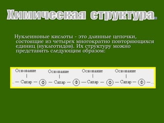 Нуклеиновые кислоты - это длинные цепочки,Нуклеиновые кислоты - это длинные цепочки,
состоящие из четырех многократно повторяющихсясостоящие из четырех многократно повторяющихся
единиц (нуклеотидов). Их структуру можноединиц (нуклеотидов). Их структуру можно
представить следующим образом:представить следующим образом:
 