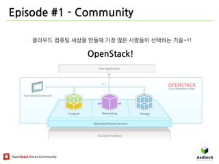 OpenStack	Korea	Community
Episode #1 - Community
OpenStack!
클라우드 컴퓨팅 세상을 만들때 가장 많은 사람들이 선택하는 기술~!!
 