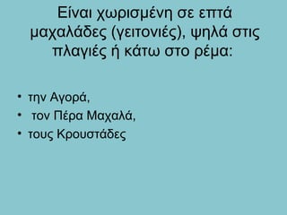 Είναι χωρισμένη σε επτά
μαχαλάδες (γειτονιές), ψηλά στις
πλαγιές ή κάτω στο ρέμα:
• την Αγορά,
• τον Πέρα Μαχαλά,
• τους Κρουστάδες
 