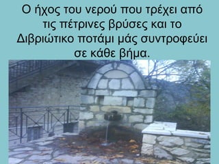 Ο ήχος του νερού που τρέχει από
τις πέτρινες βρύσες και το
Διβριώτικο ποτάμι μάς συντροφεύει
σε κάθε βήμα.
 