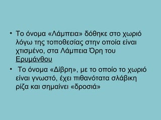 • Το όνομα «Λάμπεια» δόθηκε στο χωριό
λόγω της τοποθεσίας στην οποία είναι
χτισμένο, στα Λάμπεια Όρη του
Ερυμάνθου
• Το όνομα «Δίβρη», με το οποίο το χωριό
είναι γνωστό, έχει πιθανότατα σλάβικη
ρίζα και σημαίνει «δροσιά»
 