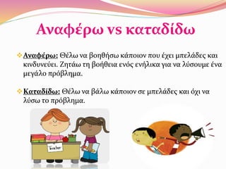 Αναφέρω vs καταδίδω
Αναφέρω: Θέλω να βοηθήσω κάποιον που έχει μπελάδες και
κινδυνεύει. Ζητάω τη βοήθεια ενός ενήλικα για να λύσουμε ένα
μεγάλο πρόβλημα.
Καταδίδω: Θέλω να βάλω κάποιον σε μπελάδες και όχι να
λύσω το πρόβλημα.
 