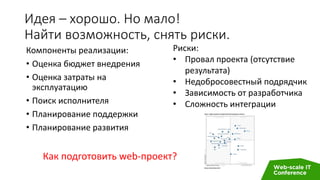Идея – хорошо. Но мало!
Найти возможность, снять риски.
Компоненты реализации:
• Оценка бюджет внедрения
• Оценка затраты на
эксплуатацию
• Поиск исполнителя
• Планирование поддержки
• Планирование развития
Как подготовить web-проект?
Риски:
• Провал проекта (отсутствие
результата)
• Недобросовестный подрядчик
• Зависимость от разработчика
• Сложность интеграции
 