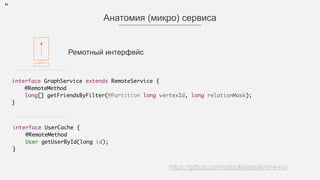 11
Анатомия (микро) сервиса
Ремотный интерфейс
https://github.com/odnoklassniki/one-nio
interface GraphService extends RemoteService {
@RemoteMethod
long[] getFriendsByFilter(@Partition long vertexId, long relationMask);
}
interface UserCache { 
@RemoteMethod
User getUserById(long id);
}
 